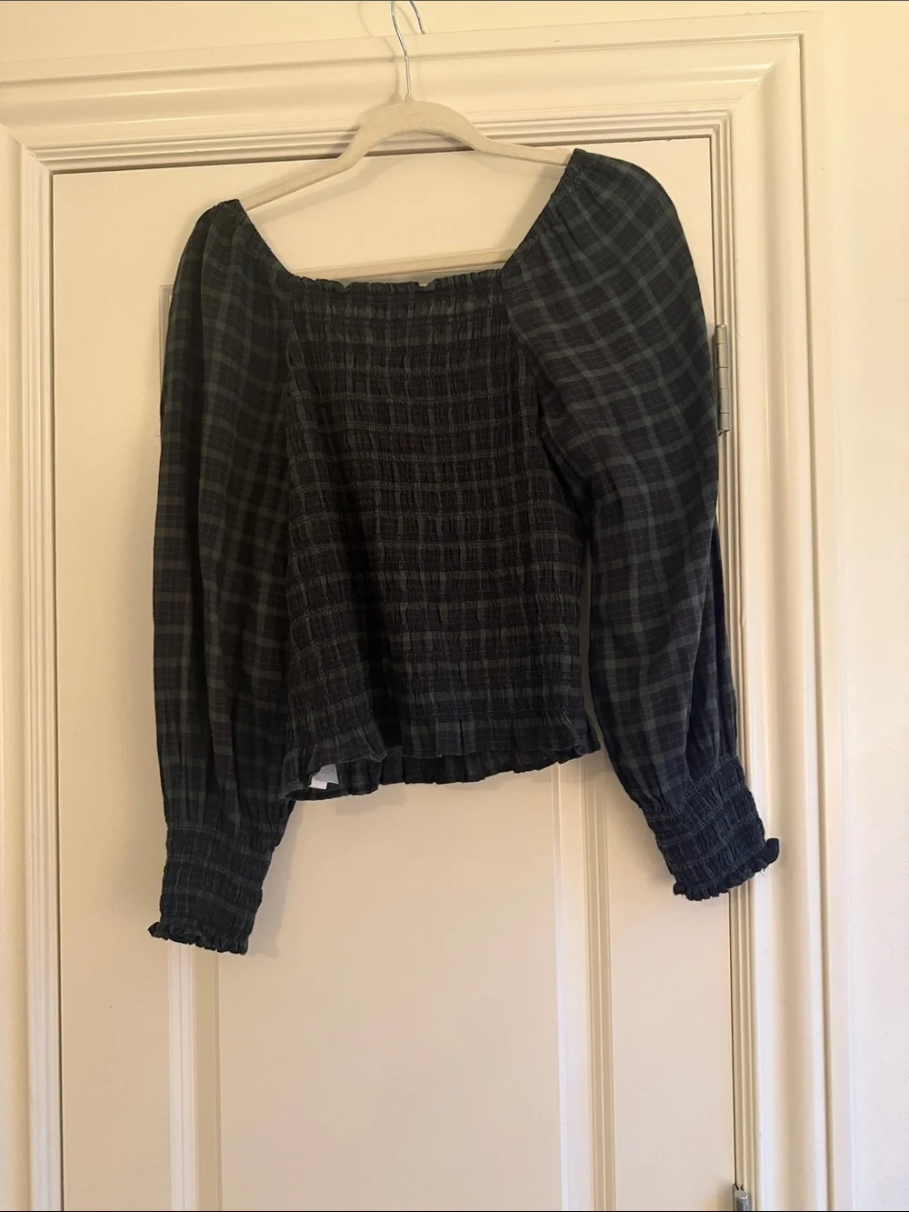 Madewell Black and Dark Green Plaid Smocked Peasant Top